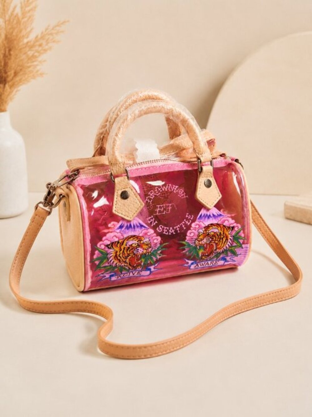 Ed Hardy Clear Pink Tiger Mini Duffle Swim Beach Bag NWT Y2K
